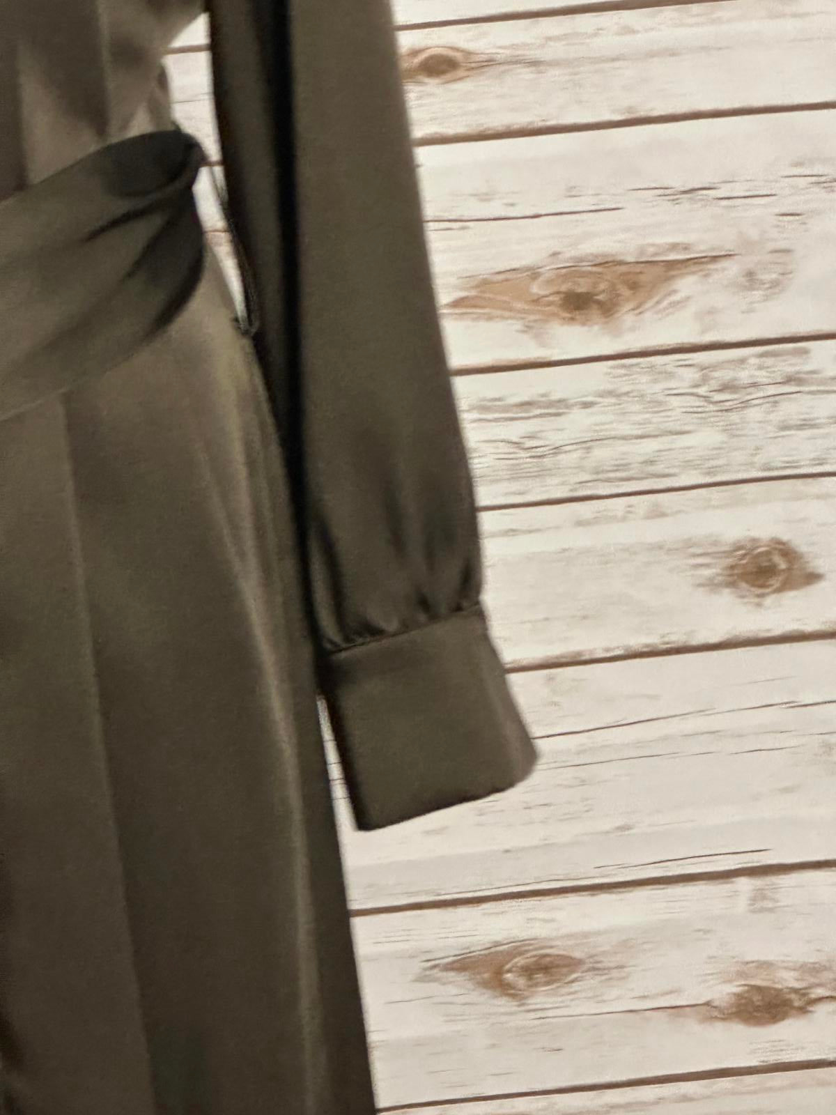 Zara olive green satin grommet detail belted Ring Trim maxi shirtdress Size M