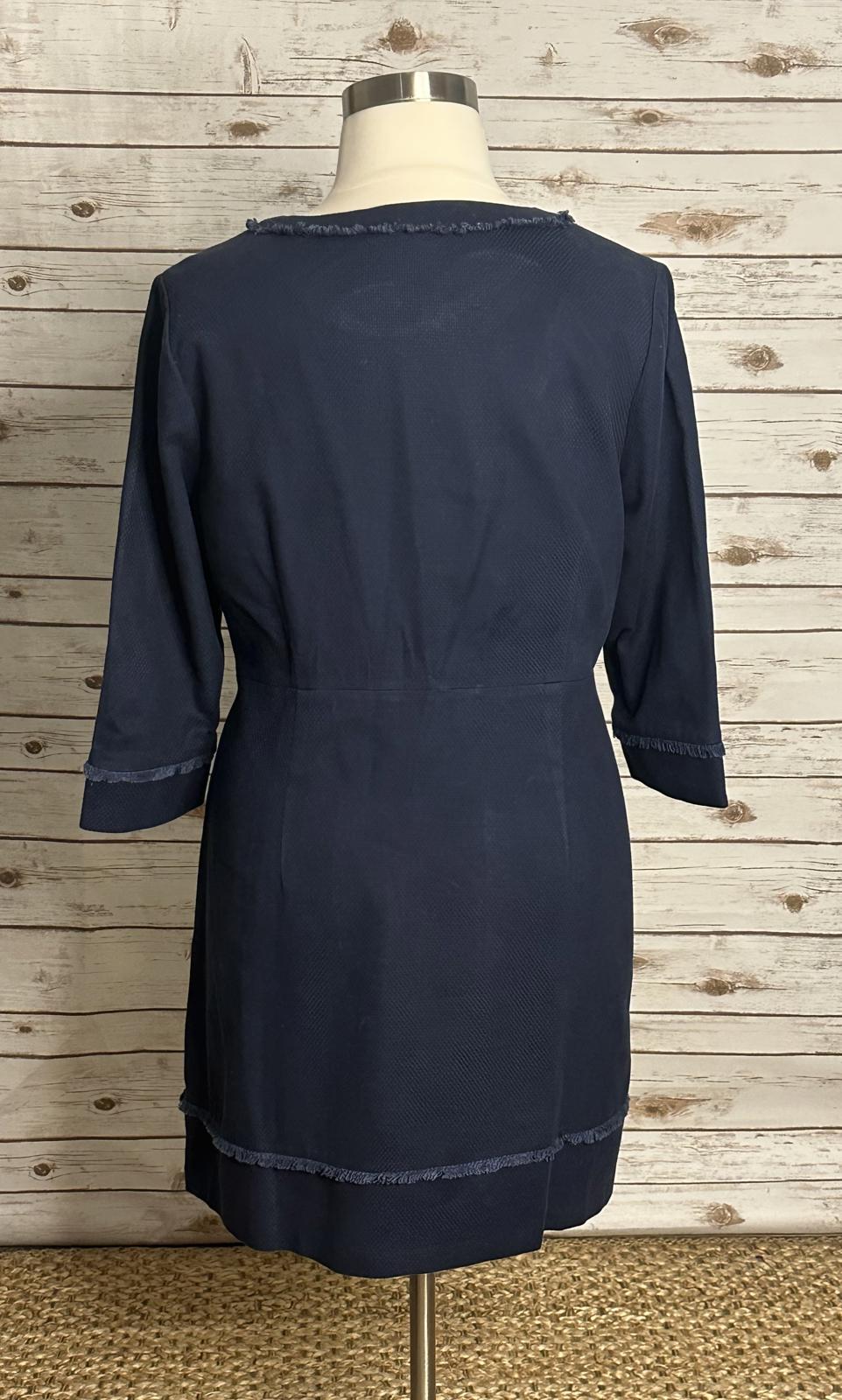 Boden navy blue office siren cotton frayed trimmed textured sheath dress Size 16