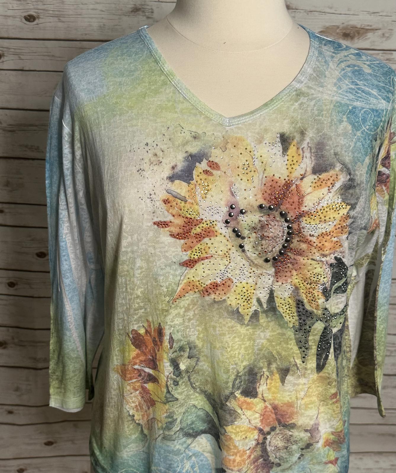 Jess & Jane artsy boho burnout studded/beaded V-neck Sunflowers t-shirt Size XL