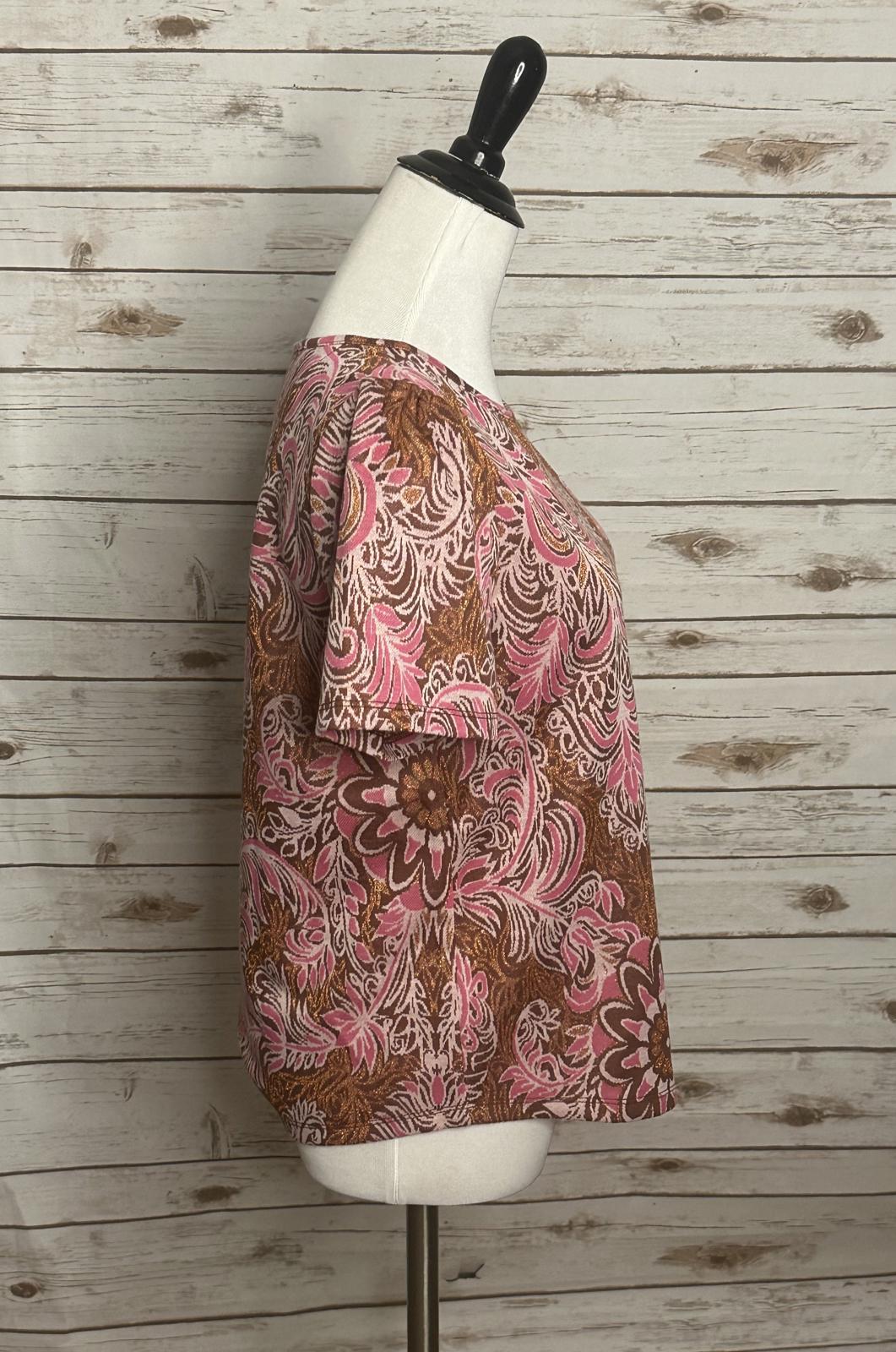 by Anthropologie metallic floral brocade short sleeve top Size Small