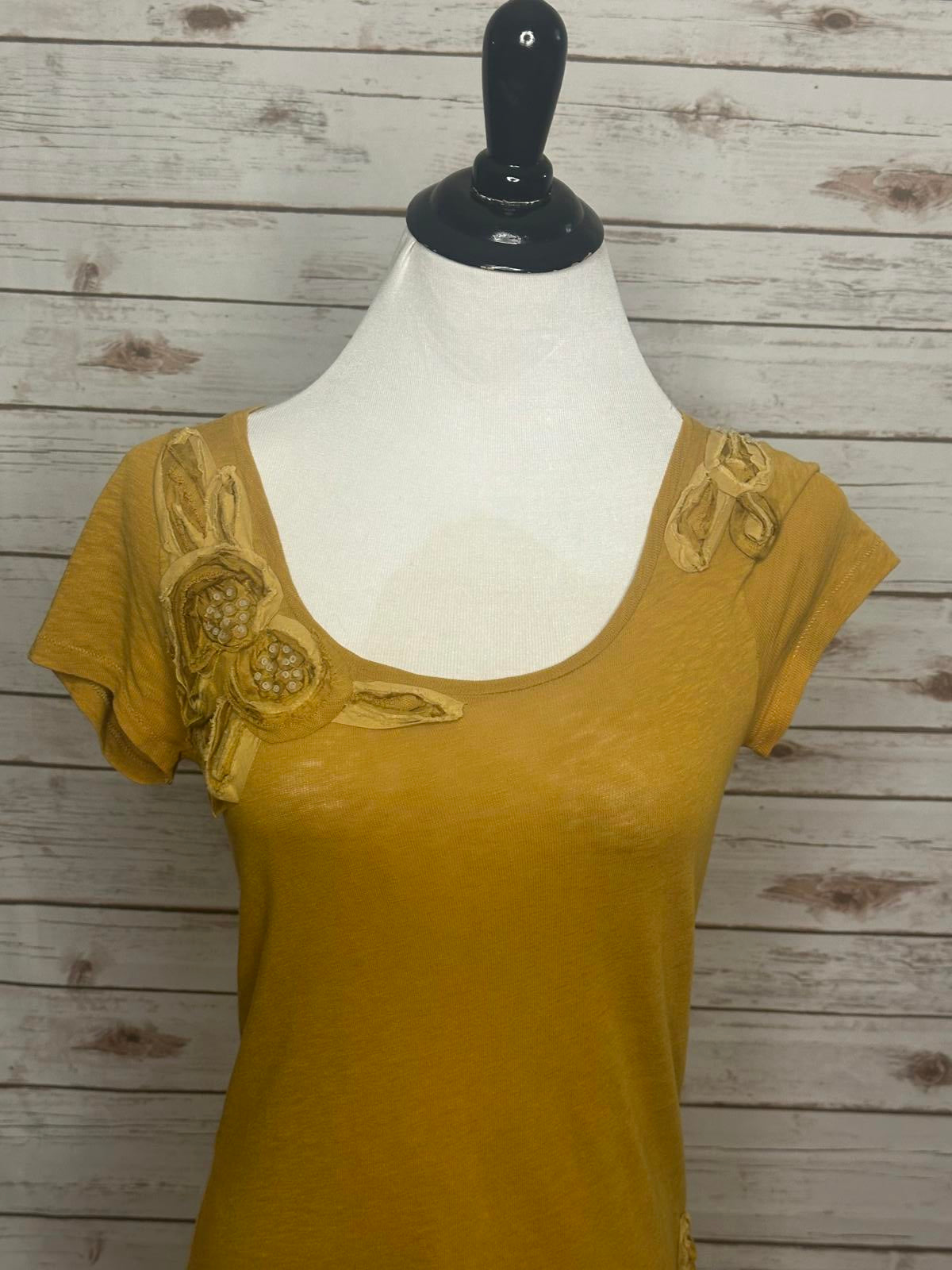 J. Crew classic mustard floral/sequin embellished cotton t-shirt Size Small