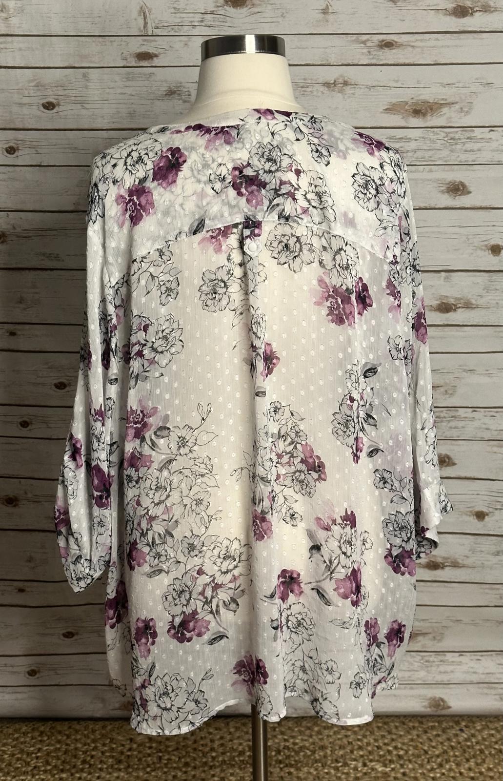 Torrid white/purple sheer floral swiss dot roll-tab sleeve blouse Size 6/6X