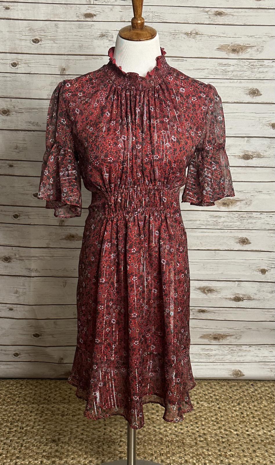 Anthropologie Ranna Gill red ditsy floral Franny smocked mini dress Size Small