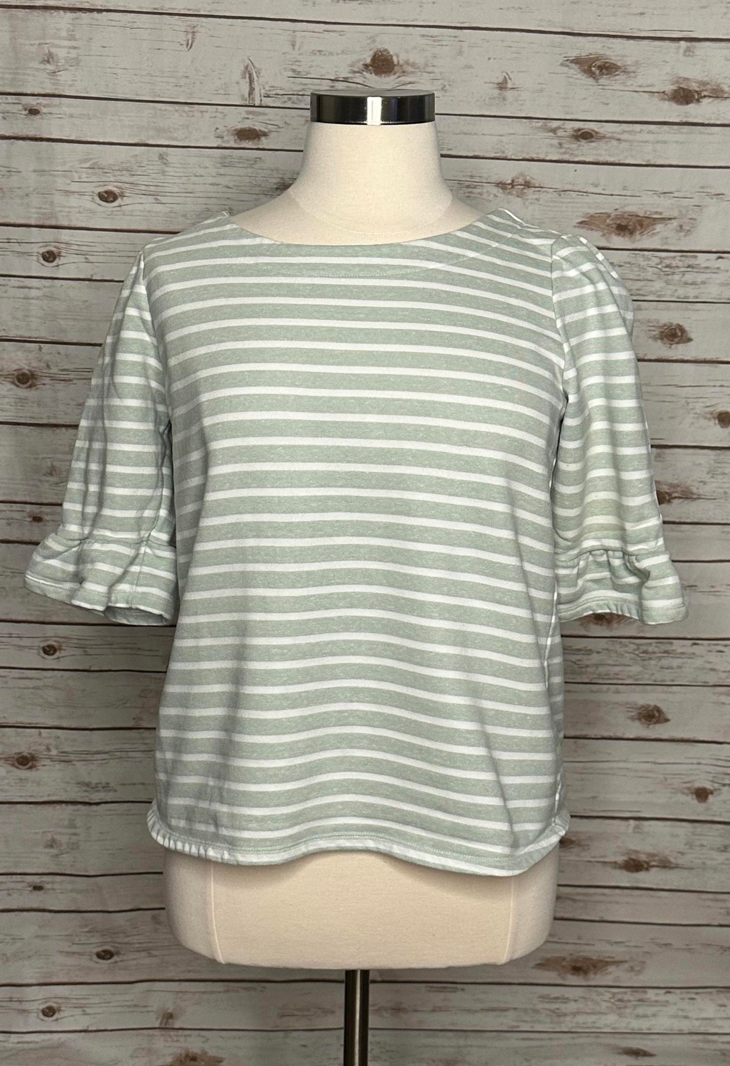 ModCloth 'Spiffed Up Saturday' green striped tie-back ruffle sleeve top Size XL