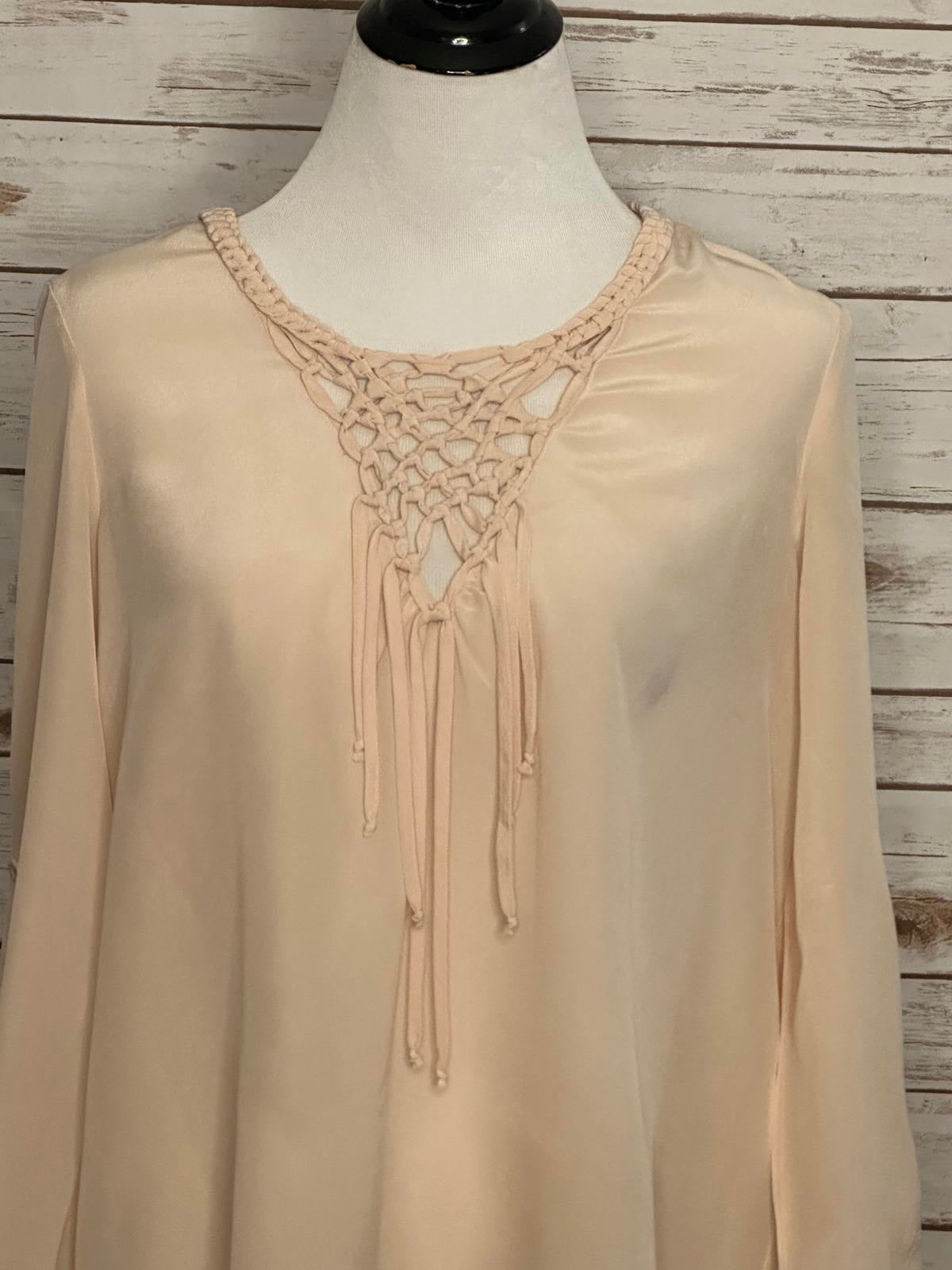 Rebecca Taylor blush open back braided tassel neckline silk blouse Size 6