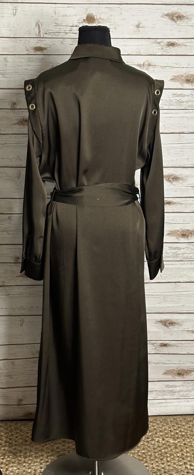 Zara olive green satin grommet detail belted Ring Trim maxi shirtdress Size M
