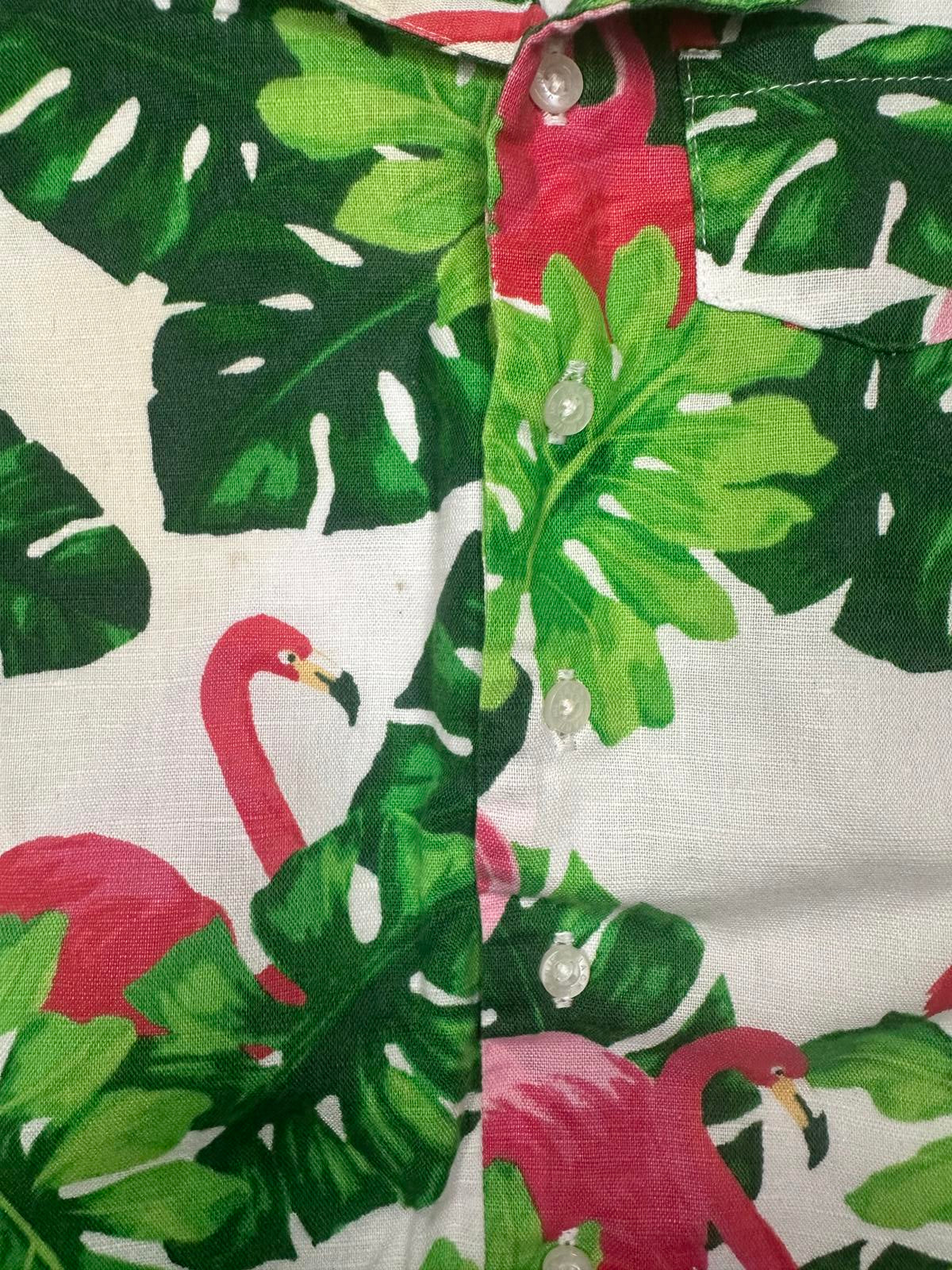 Janie & Jack bright tropical flamingo linen romper Size 18-24 months