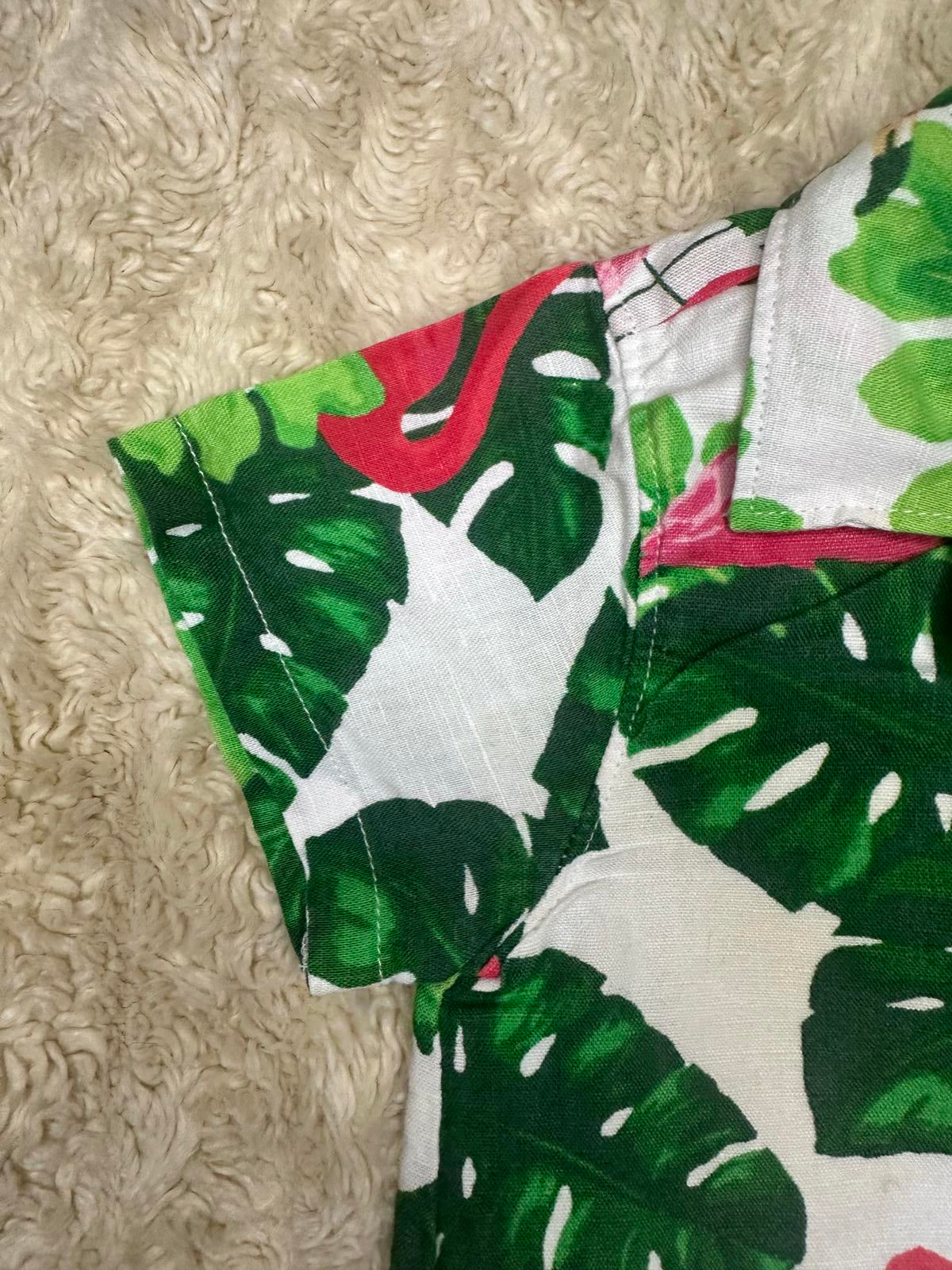 Janie & Jack bright tropical flamingo linen romper Size 18-24 months