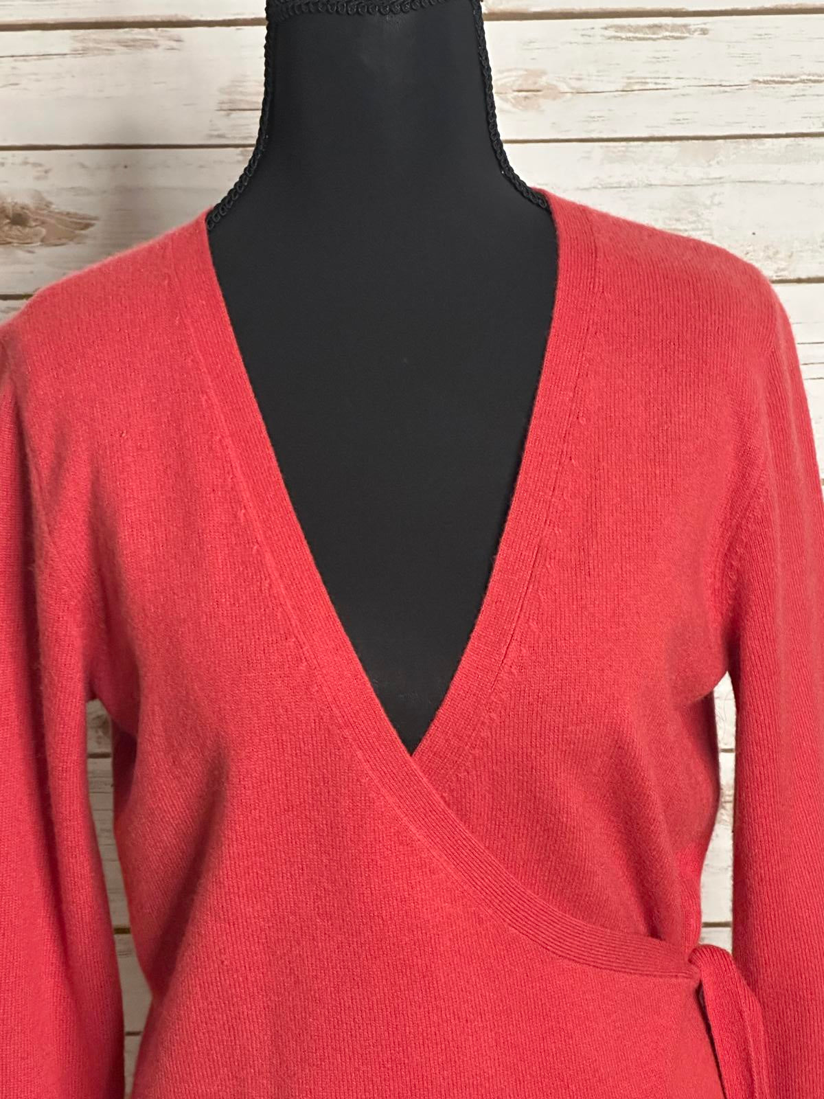 Garnet Hill cozycore casual coral cashmere V-neck wrap sweater Size Small
