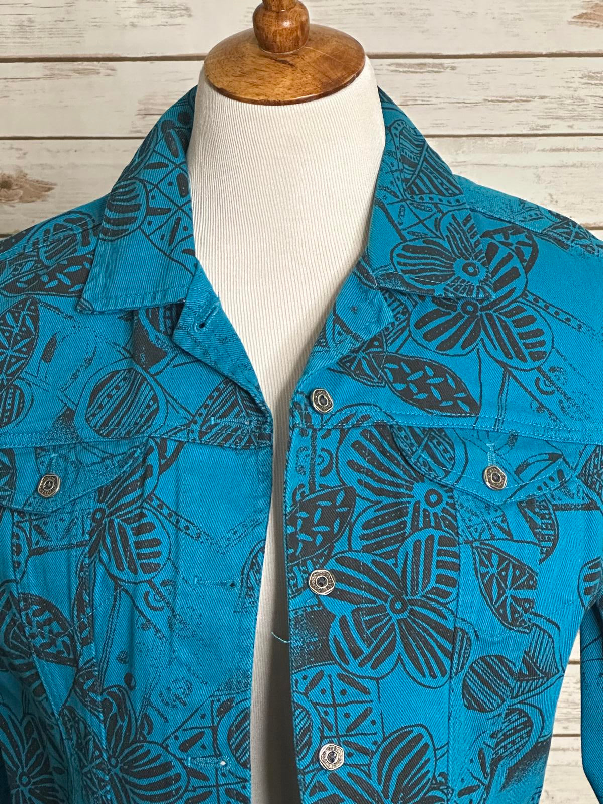 Chico's teal/black artsy tribal floral cotton denim jacket Size 1/Med/8