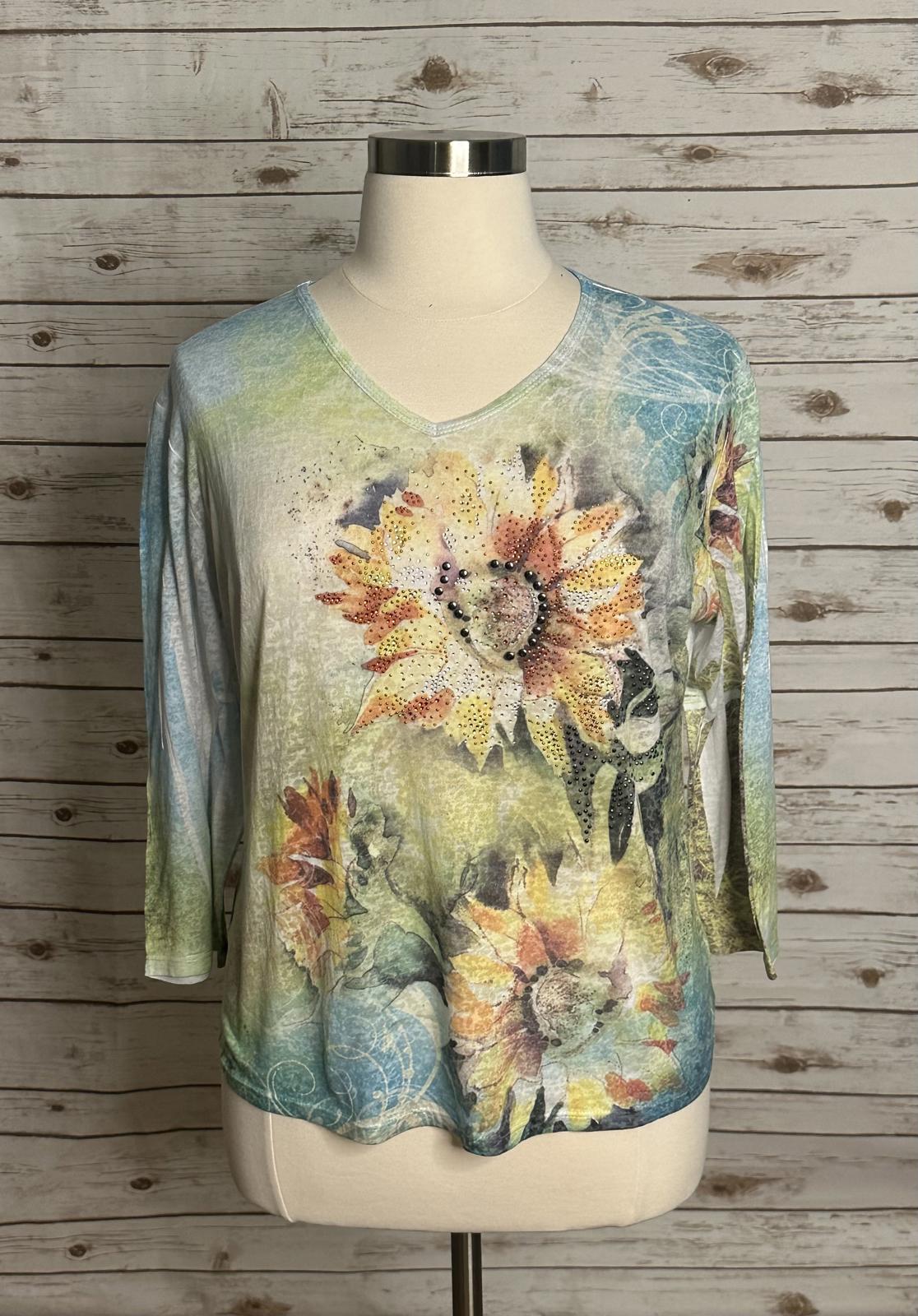Vintage Jess & Jane burnout studded and beaded V-neck Sunflowers t-shirt Size XL