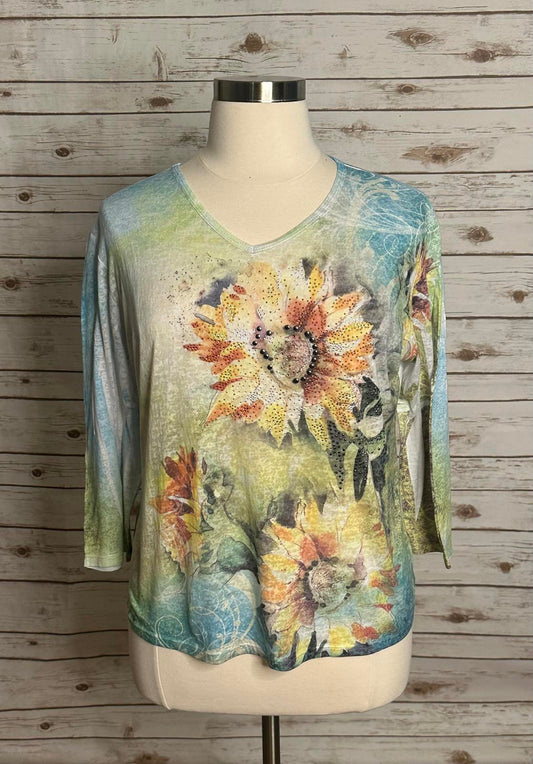 Vintage Jess & Jane burnout studded and beaded V-neck Sunflowers t-shirt Size XL