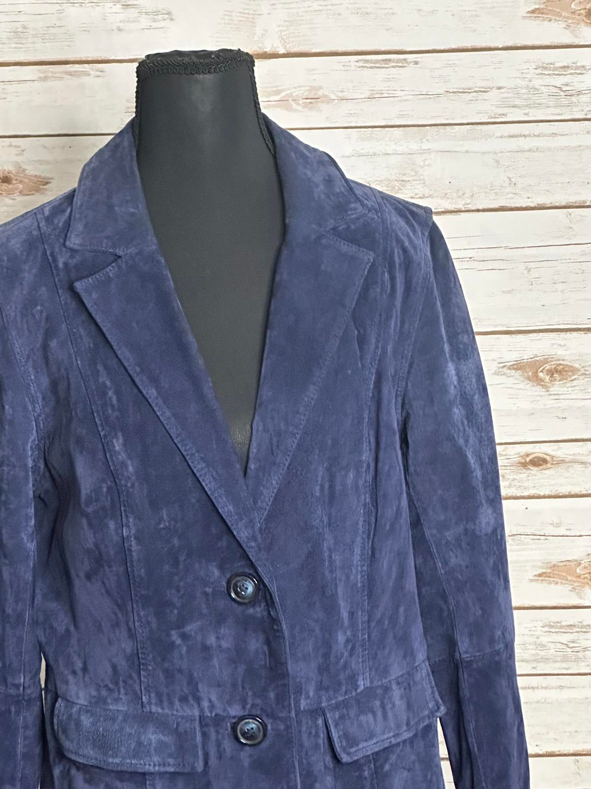 Isaac Mizrahi Live classic blue suede single-breasted trench coat Size Small