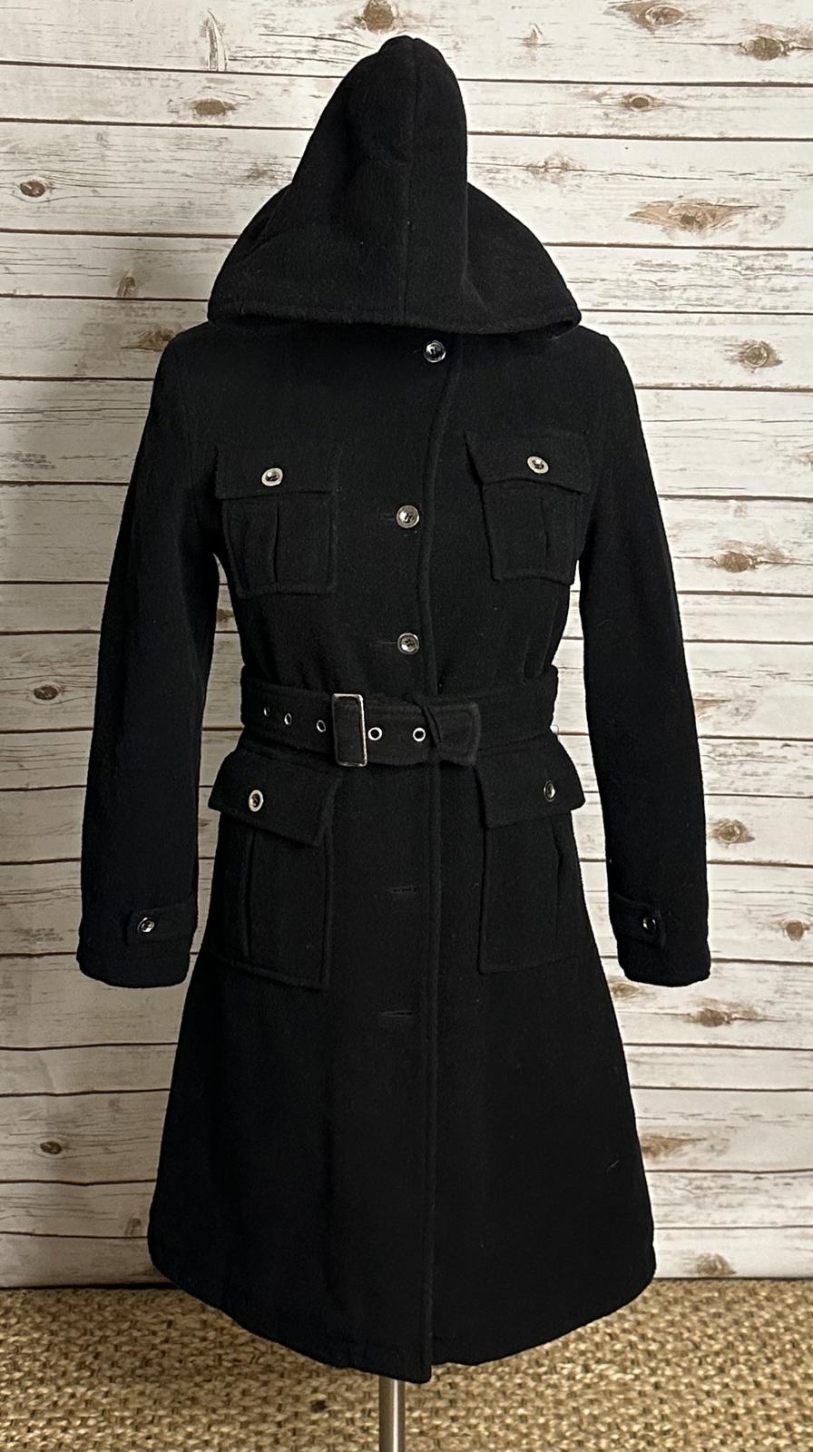 London Fog classic witchcore gothic black wool hooded belted overcoat Size 12