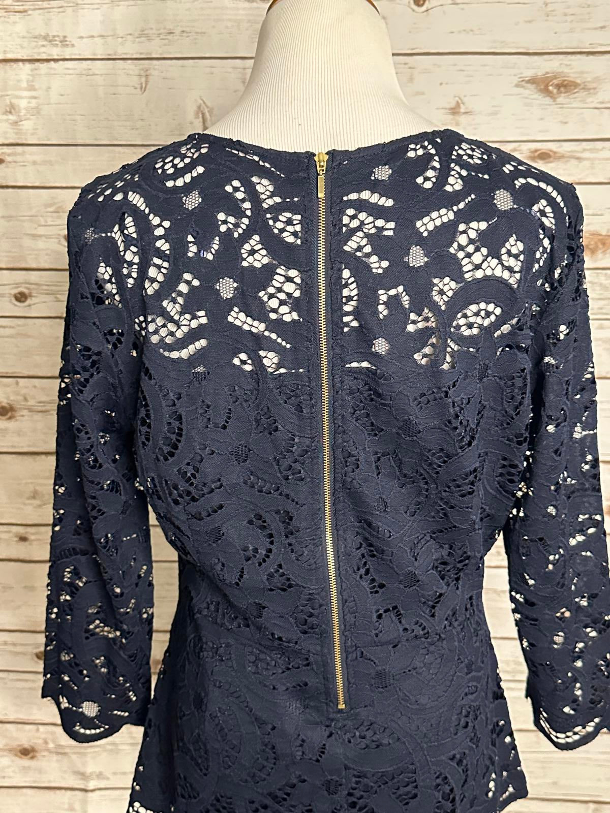 Nanette Lepore navy blue V-neck 3/4 length sleeve floral lace top/blouse Size L
