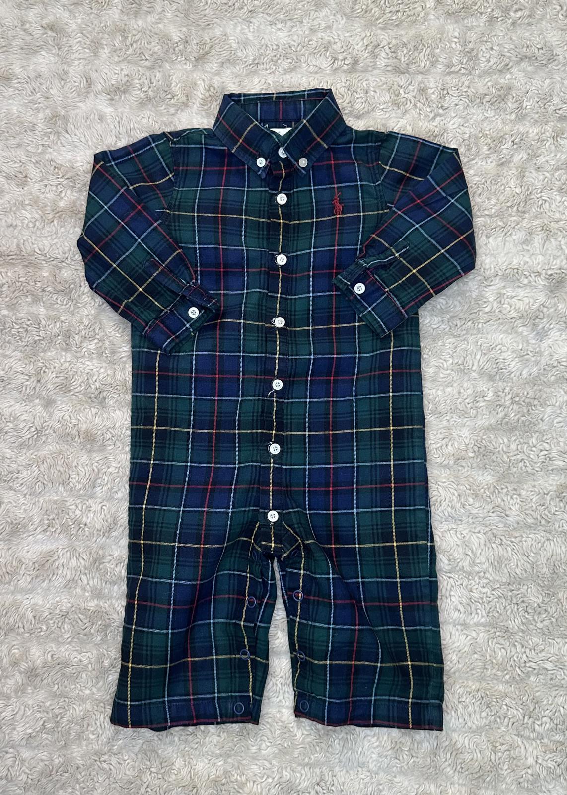 Ralph Lauren classic cotton green plaid button-down onesie Size 6M