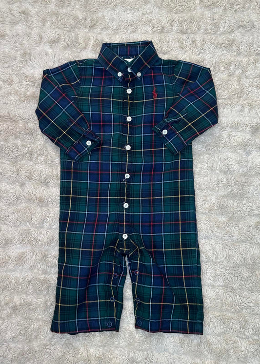 Ralph Lauren classic cotton green plaid button-down onesie Size 6M