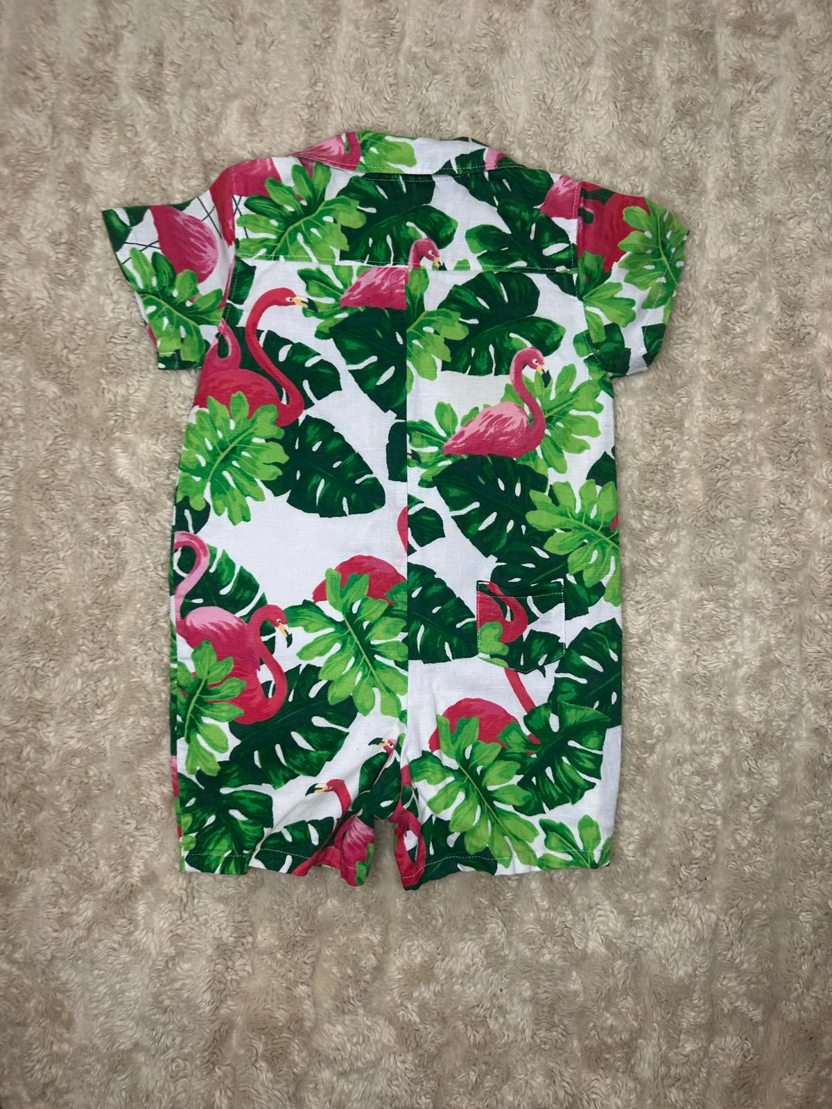 Janie & Jack bright tropical flamingo linen romper Size 18-24 months