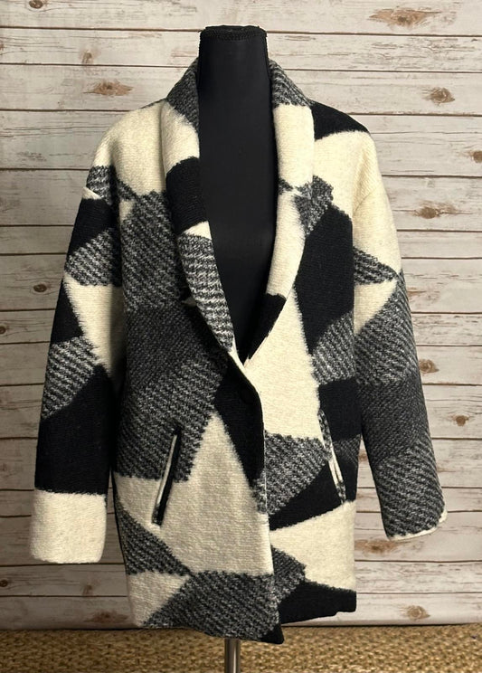 ASTR Brook black/white checkered/plaid wool shawl collar overcoat Size Small
