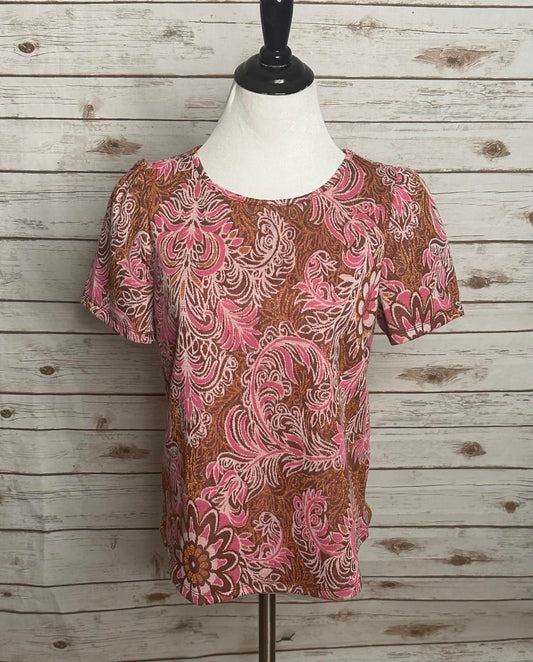 by Anthropologie metallic floral brocade short sleeve top Size Small