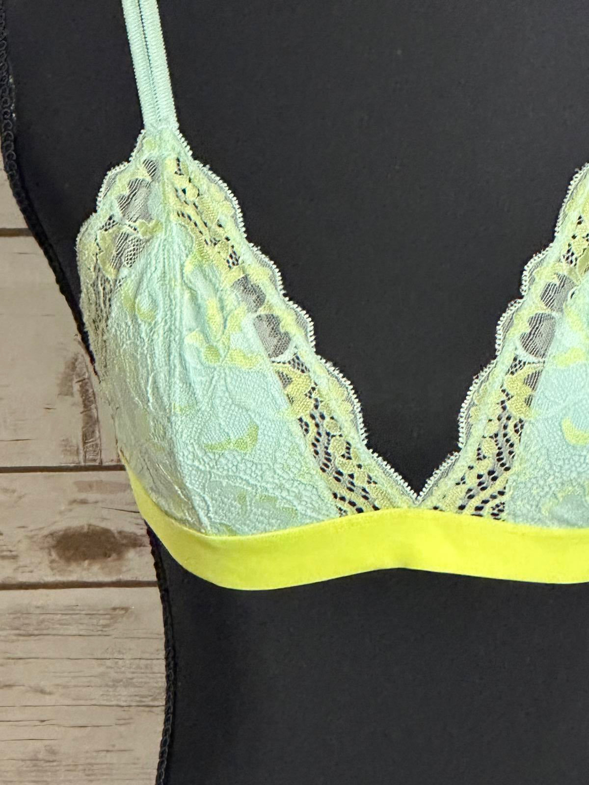 PINK Victoria's Secret mint green/neon yellow lace triangle bralette Size Medium