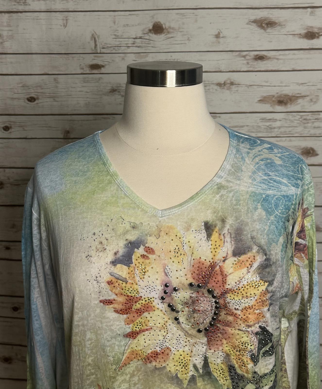 Vintage Jess & Jane burnout studded and beaded V-neck Sunflowers t-shirt Size XL